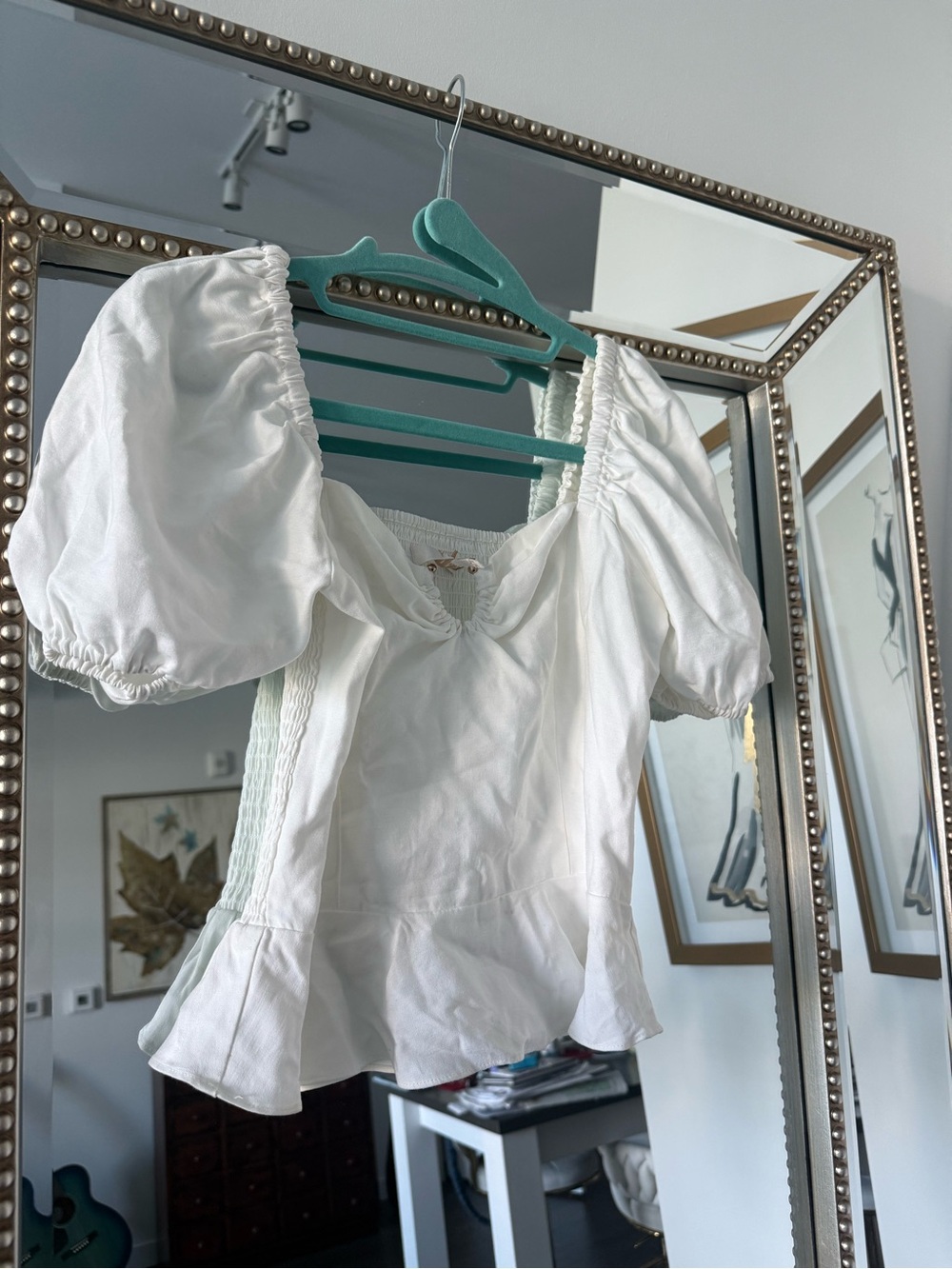 Wayf White Puff-Sleeve Smocked Peasant Top